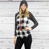 Striped Hoodie with Buffalo Plaid Print Top - Black White