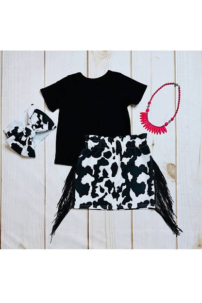 Black top w/cow print fringe skirt set