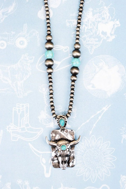 TURQUOISE MOJAVE RANCH STEER SILVER PEARL NECKLACE