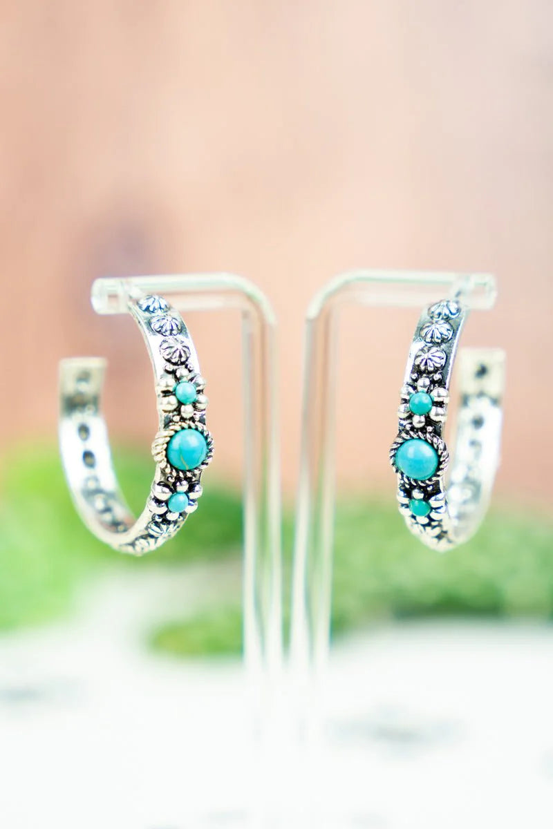 COPE COVE TURQUOISE SILVERTONE HOOP EARRINGS