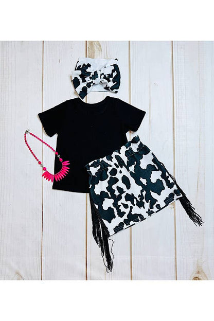 Black top w/cow print fringe skirt set