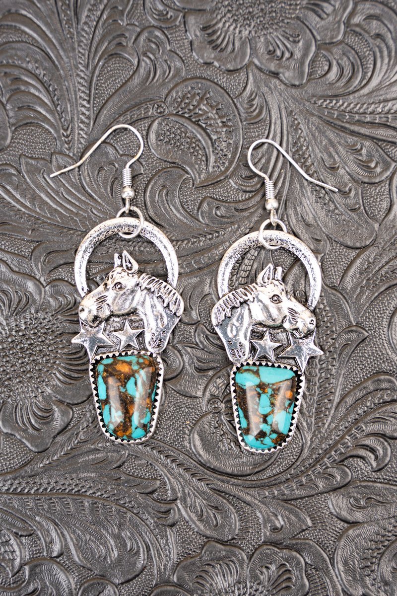 TURQUOISE SILVERTONE HORSE EARRINGS