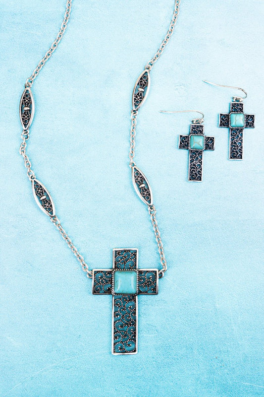 SILVERTONE FILIGREE TURQUOISE CROSS NECKLACE AND EARRING SET