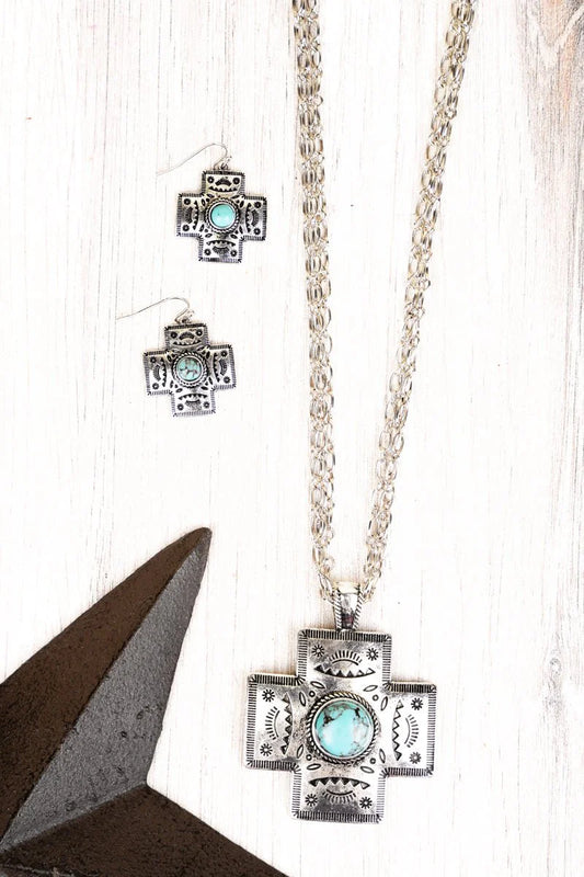 TURQUOISE CROSSLANDS SILVERTONE NECKLACE AND EARRING SET