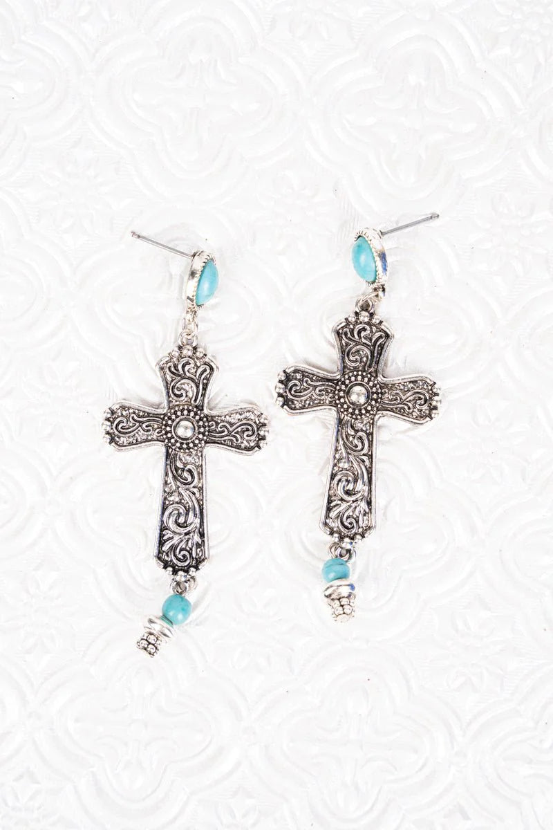 TURQUOISE AND SILVERTONE ENKA CROSS EARRINGS