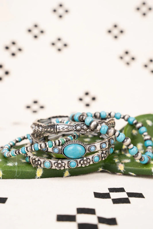 TURQUOISE THUNDEREDGE SILVER PEARL BRACELET SET