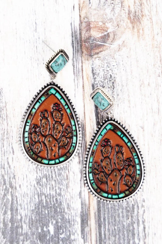 CACTUS TURQUOISE TOOLED EARRINGS